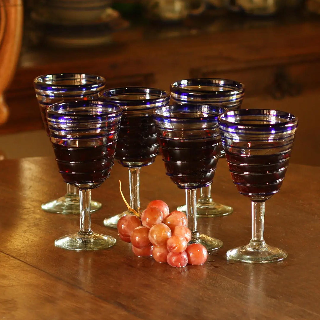 Handblown Recycled Glass Six Striped Blue Wine Glasses - Cobalt Spirals