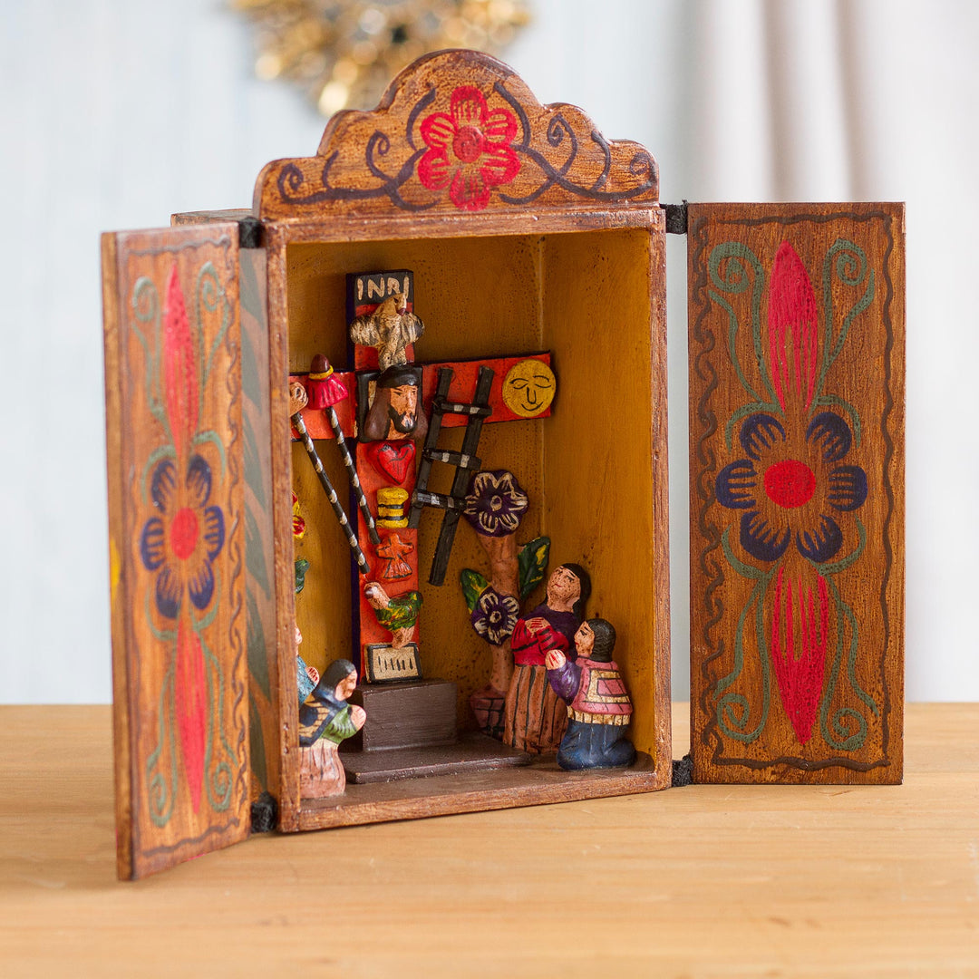 Hand Made Religious Wood Retablo Diorama Andean Folk Art - Cross of Lamentation