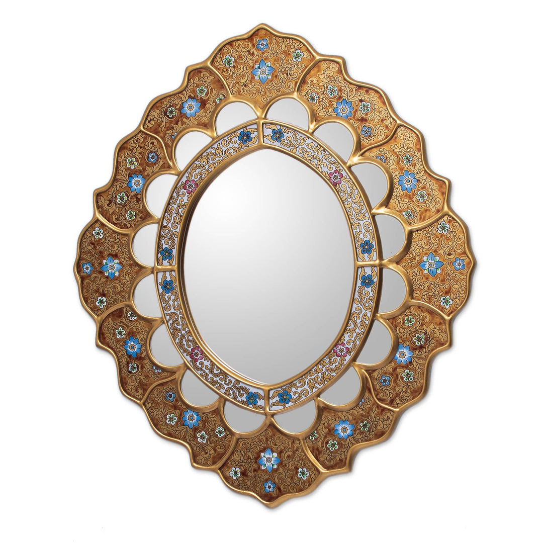 Reverse Painted Glass Mirror Wall Decor from the Andes - Sweet Flower Majesty