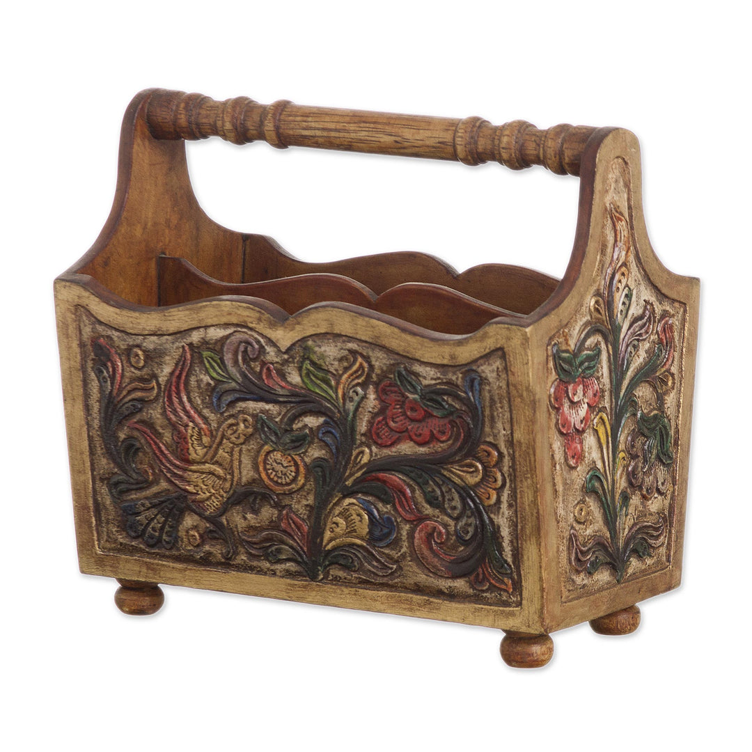 Hand Tooled Leather and Mohena Wood Magazine Rack - Songbirds