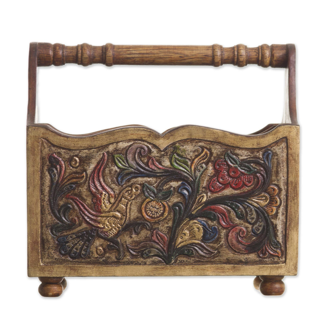 Hand Tooled Leather and Mohena Wood Magazine Rack - Songbirds