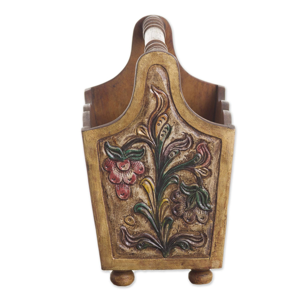 Hand Tooled Leather and Mohena Wood Magazine Rack - Songbirds