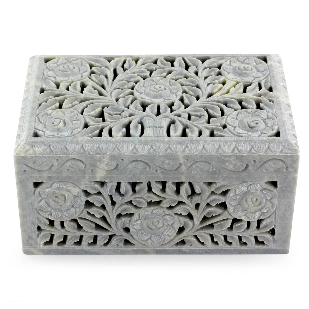 Jali Soapstone Jewelry Box - White Roses