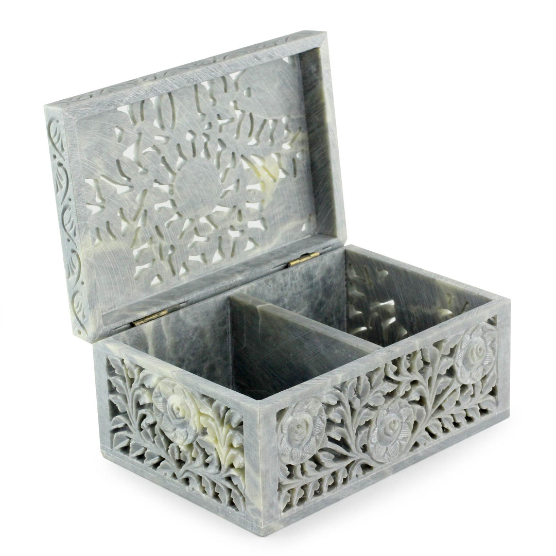 Jali Soapstone Jewelry Box - White Roses