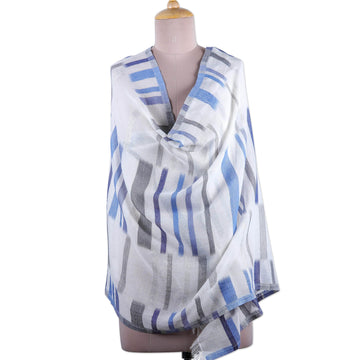 Handloomed Cotton Shawl with Blue and Grey Pattern - Sea Passages