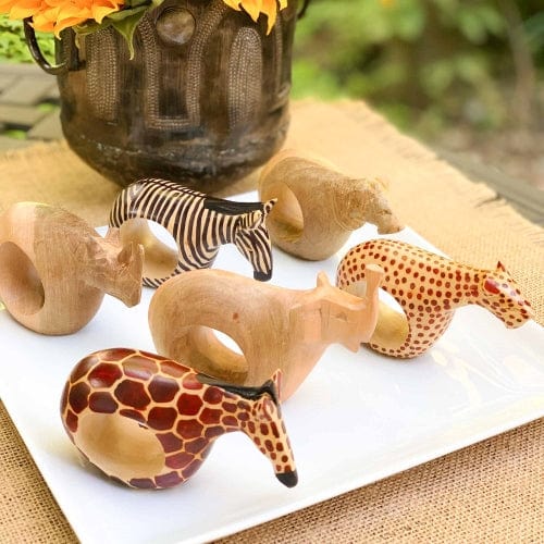 Mahogany Wood Animal Napkin Rings - Set of 6