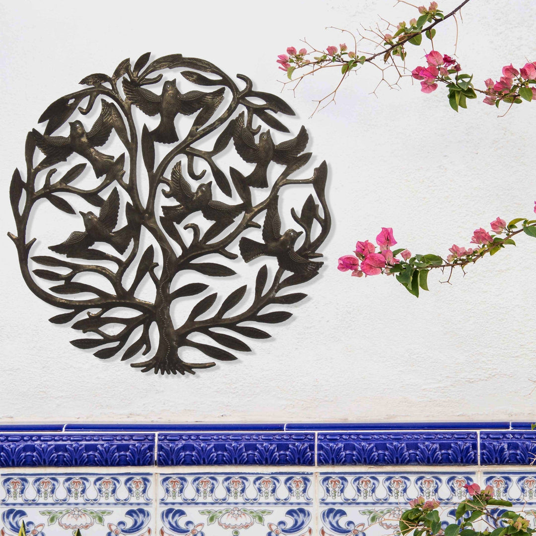 Tree of Life and Birds in Flight Haitian Steel Drum Wall Art