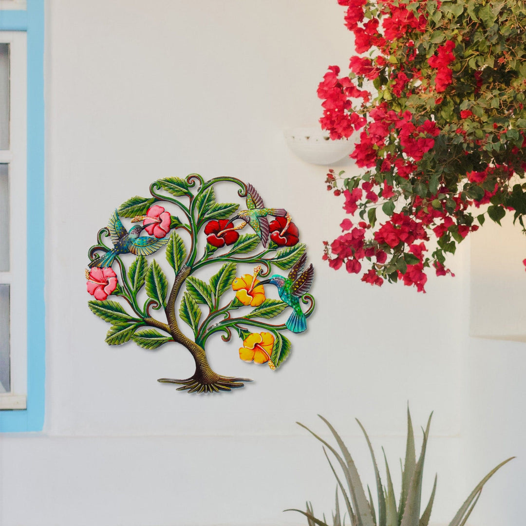 Hummingbirds and Flowers Haitian Metal Drum Wall Art