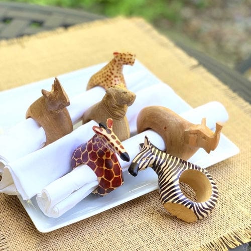 Mahogany Wood Animal Napkin Rings - Set of 6