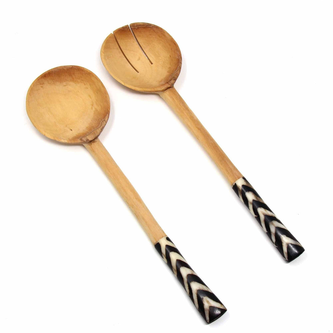 Olive Wood Serving Set with Bone Handles - Chevron Batik