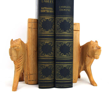 Carved Wood Lion Book Ends - Set of 2