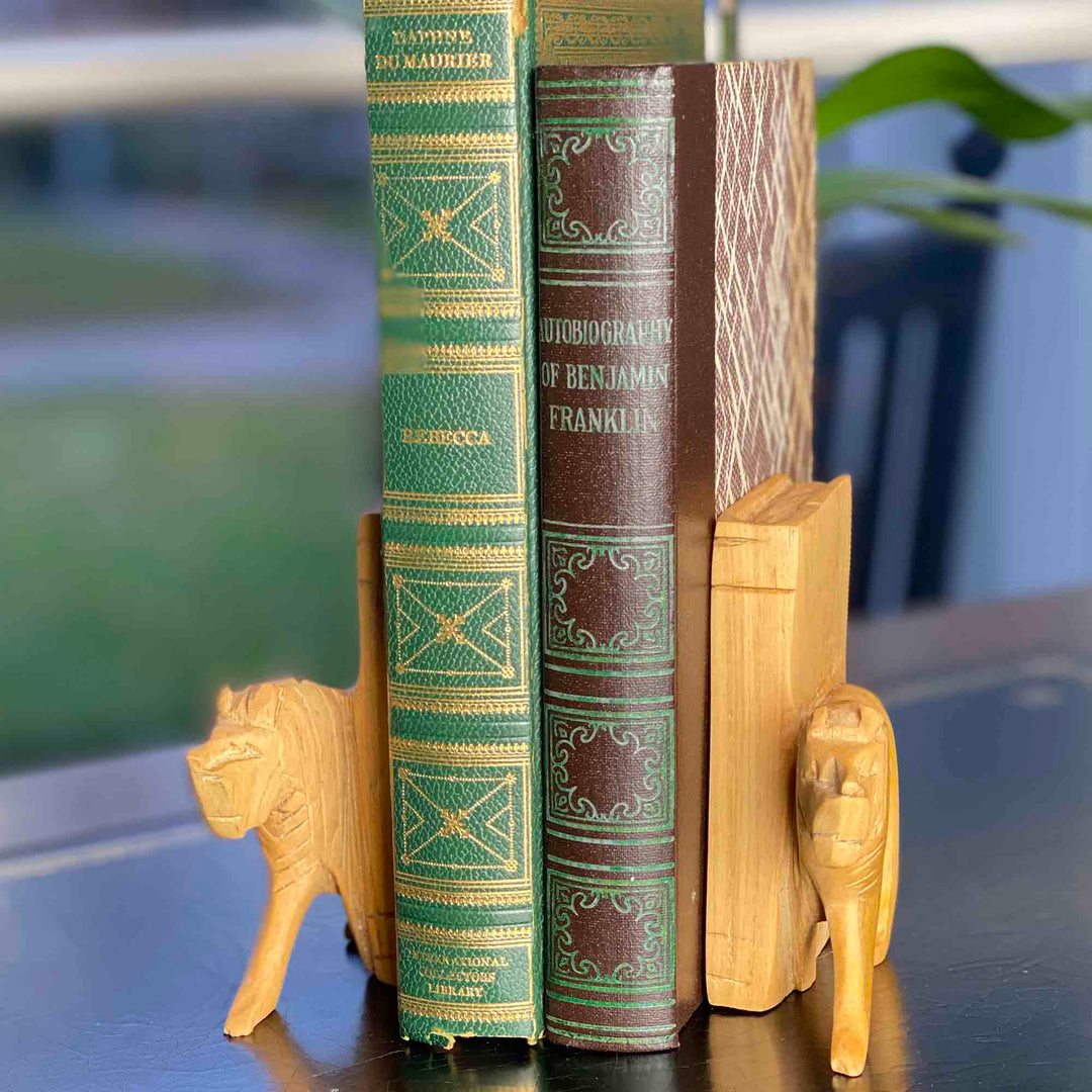 Carved Wood Lion Book Ends - Set of 2