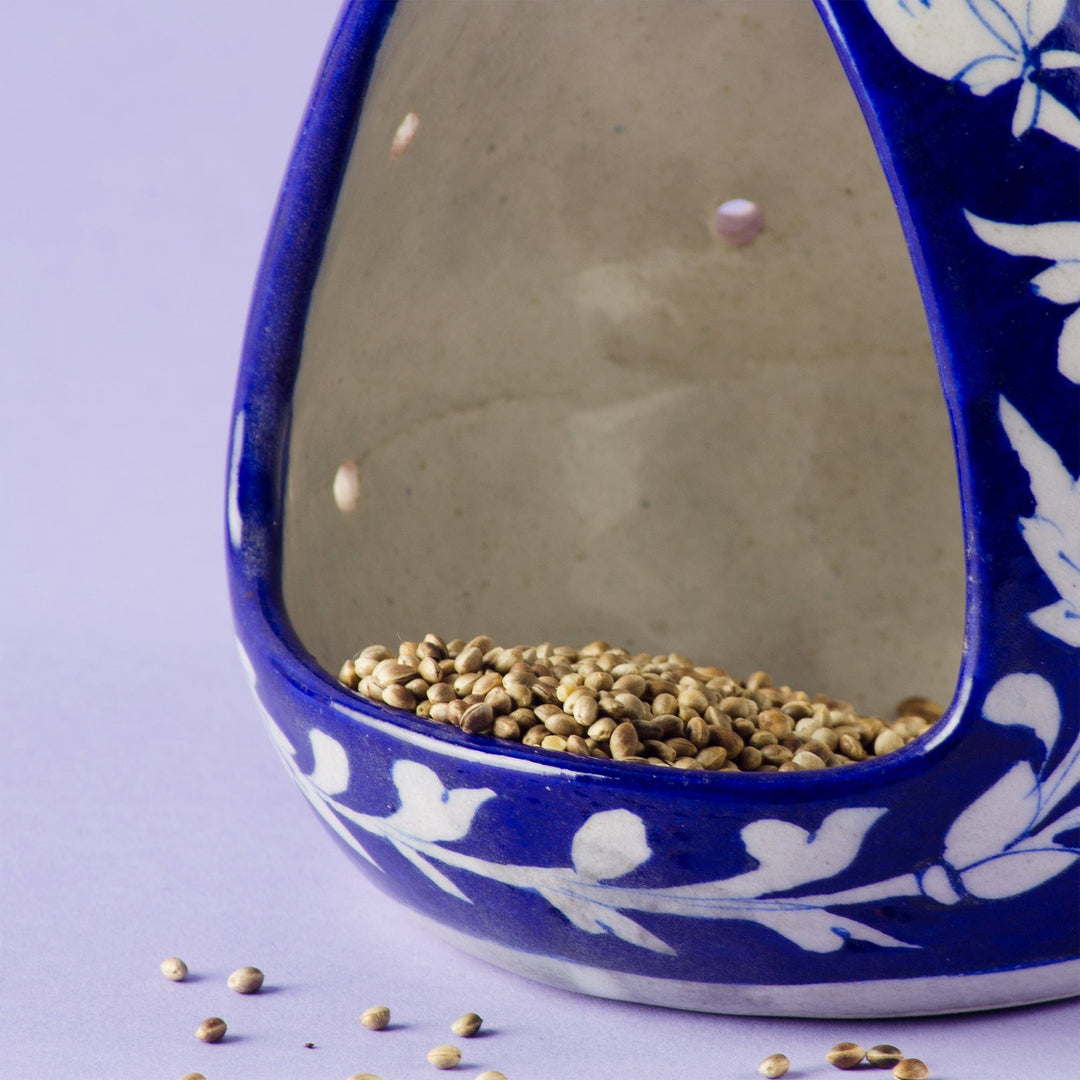Blue Pottery Bird Feeder - Blue