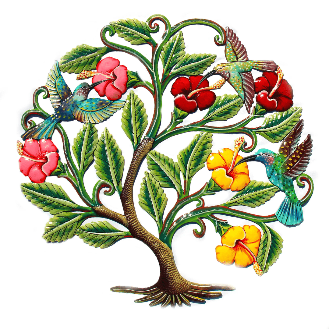 Hummingbirds and Flowers Haitian Metal Drum Wall Art