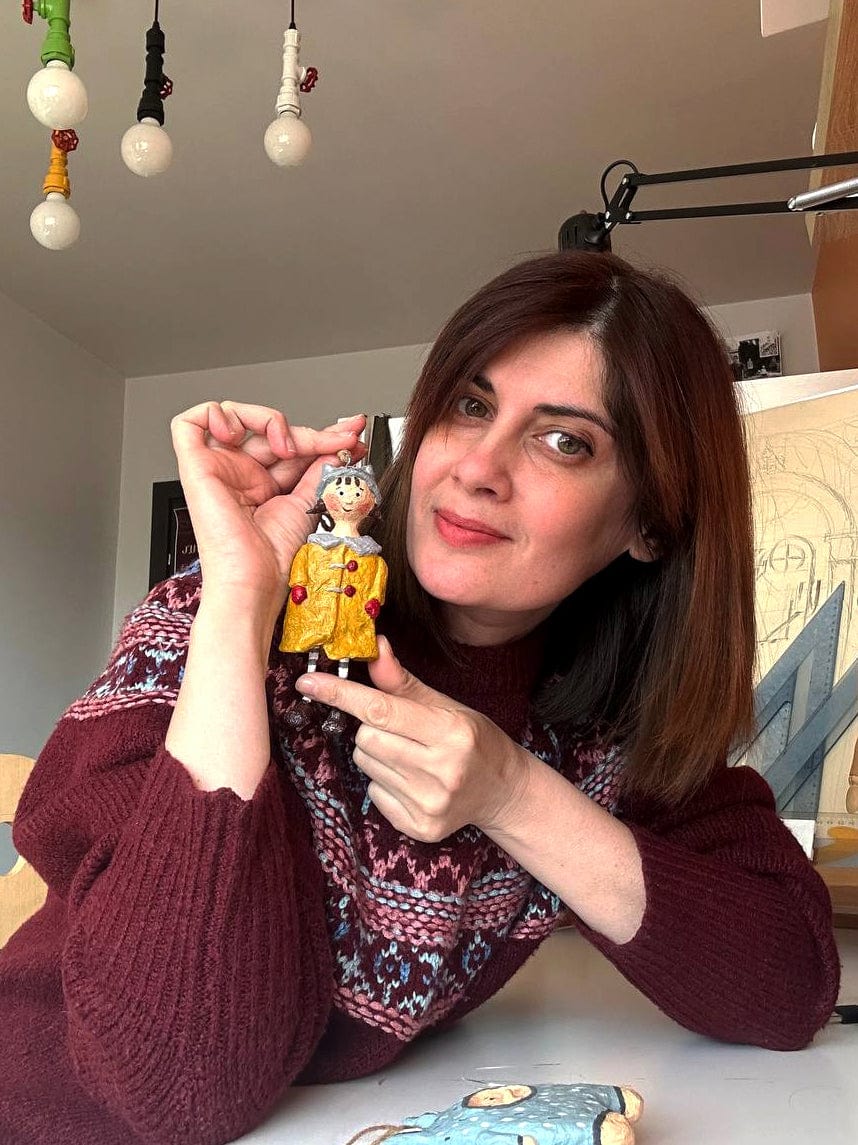 Hand-Painted Papier Mache Ornament of Girl Holding a Heart - Loanna