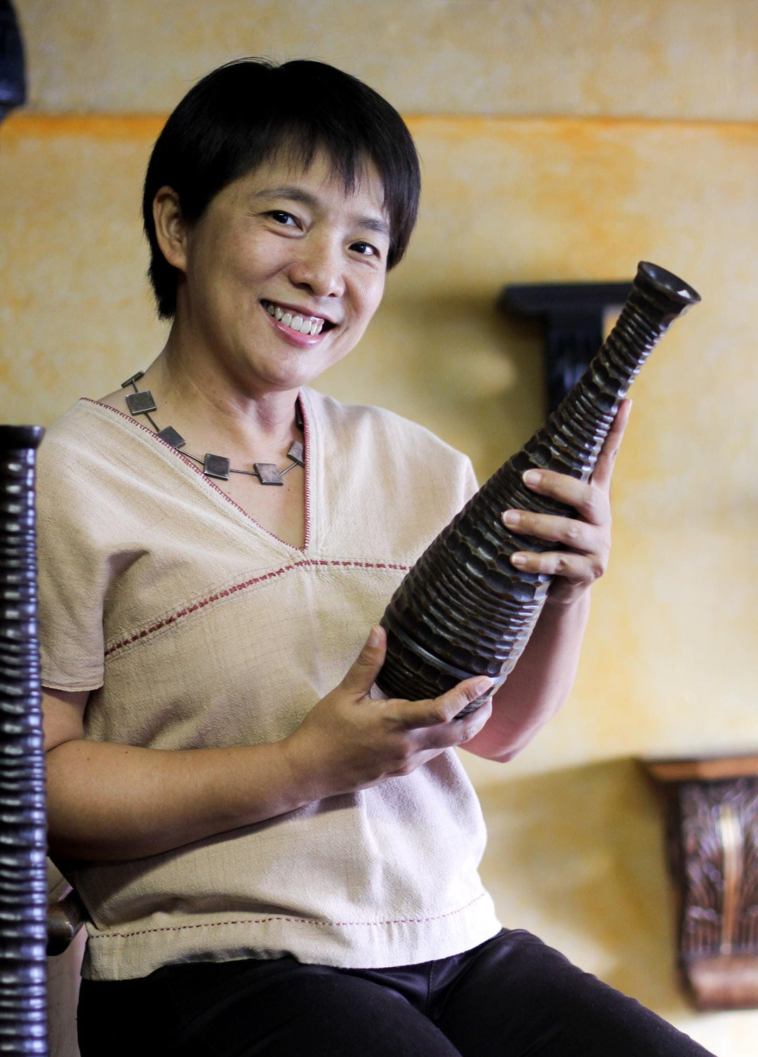 Hand Carved Whitewashed Wood Wall Relief Panel from Thailand - Flower Plot