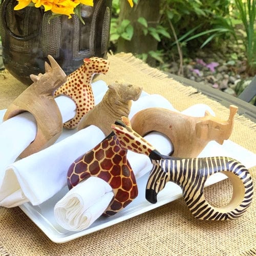 Mahogany Wood Animal Napkin Rings - Set of 6