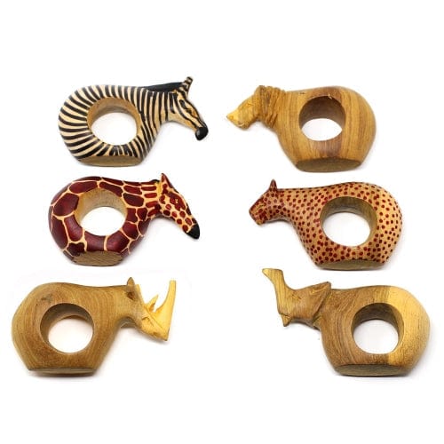 Mahogany Wood Animal Napkin Rings - Set of 6