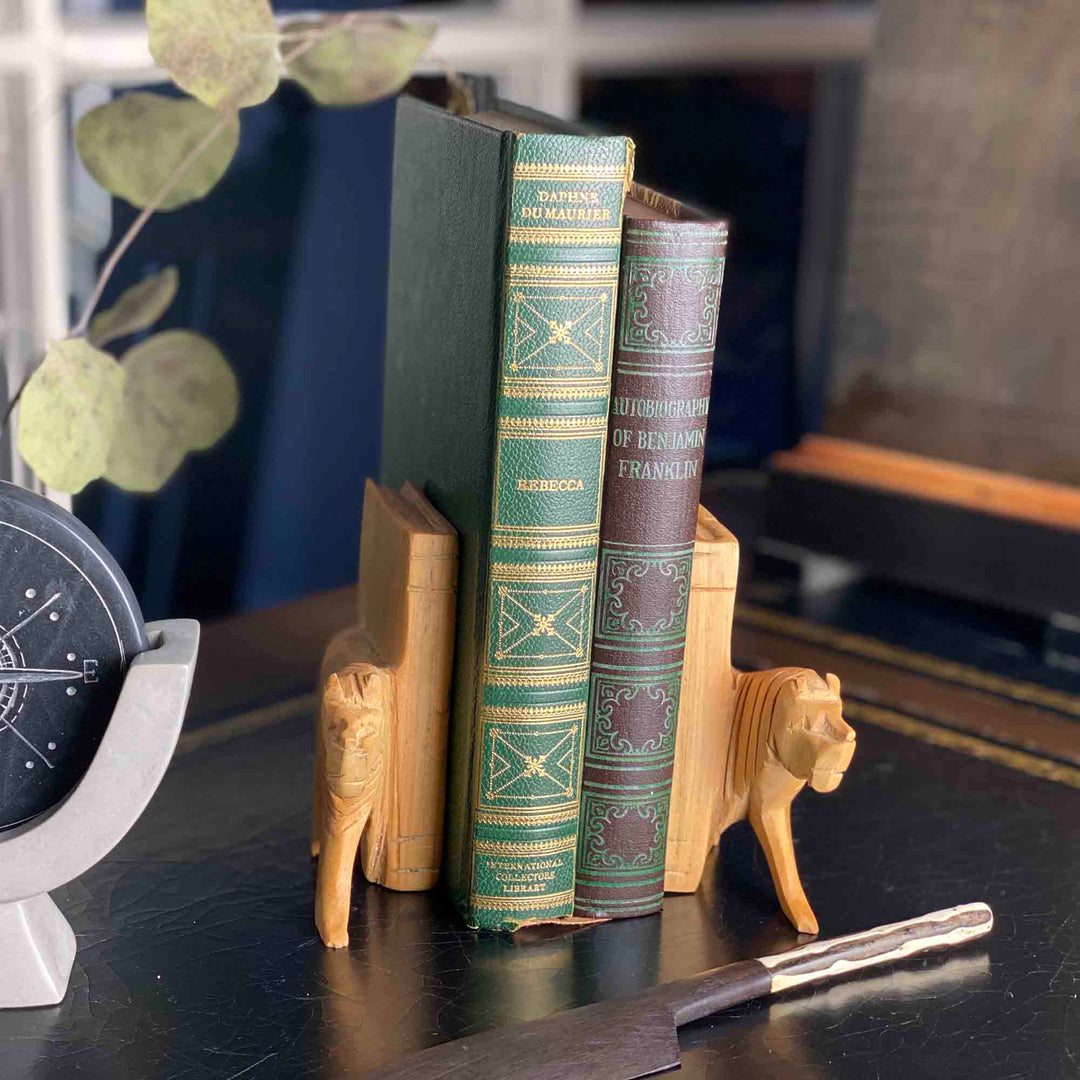 Carved Wood Lion Book Ends - Set of 2