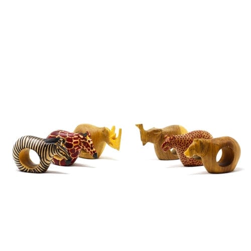 Mahogany Wood Animal Napkin Rings - Set of 6