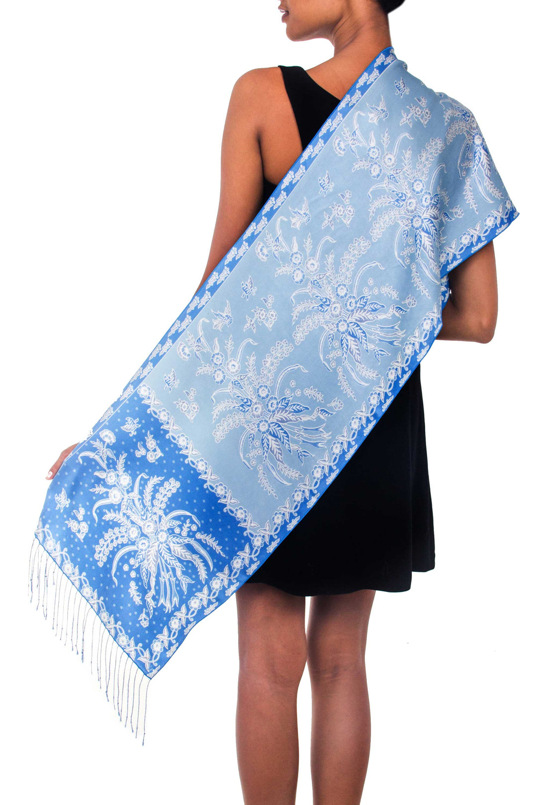 Batik Silk Scarf from Indonesia - Sky Blue Blossom