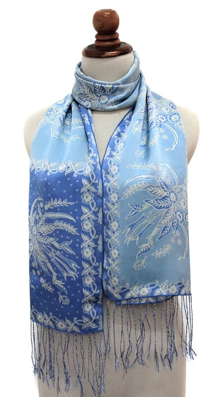 Batik Silk Scarf from Indonesia - Sky Blue Blossom