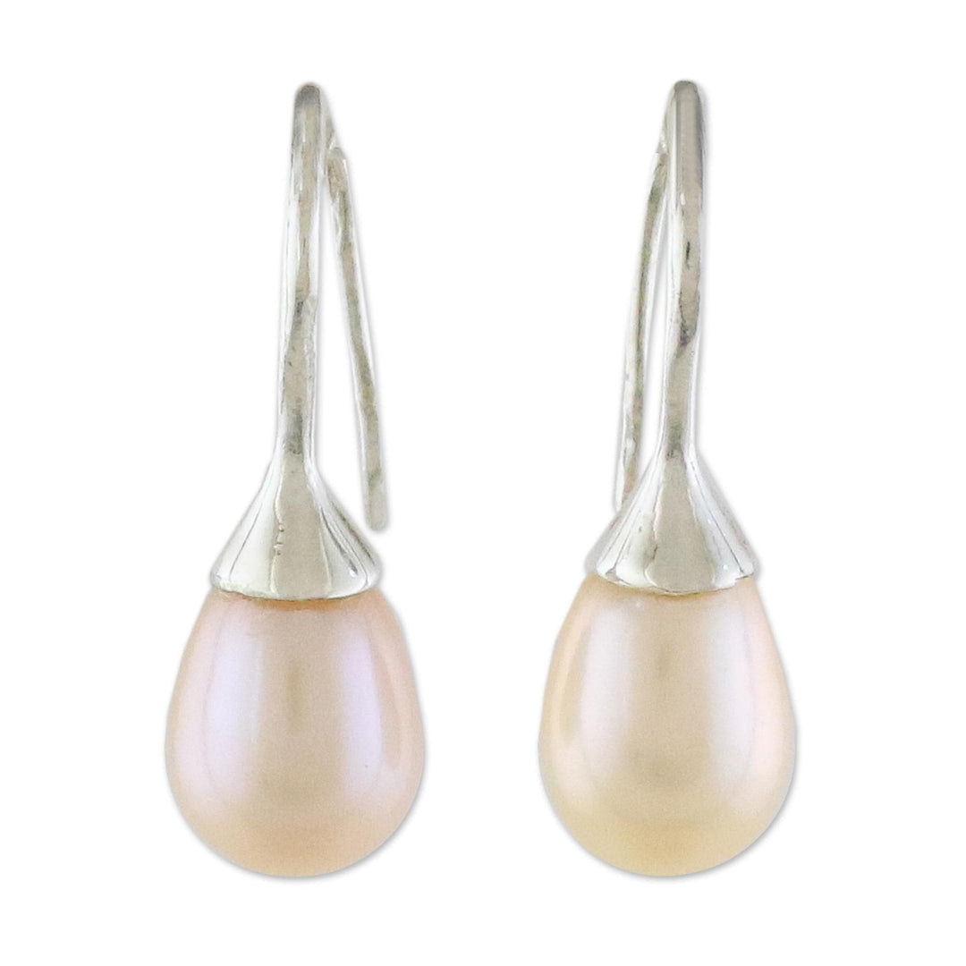 Thai Bridal Sterling Silver Pearl Drop Earrings - Rosy Bud