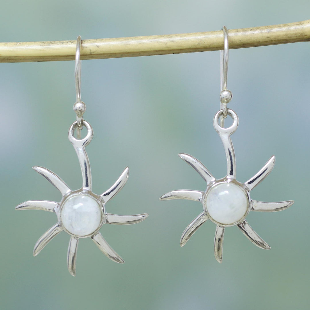 Hand Crafted Moonstone and Sterling Silver Dangle Earrings - Rainbow Sun