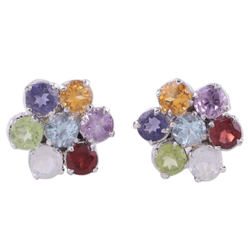 Hand Crafted Floral Sterling Silver Button Multigem Earrings - Flowers