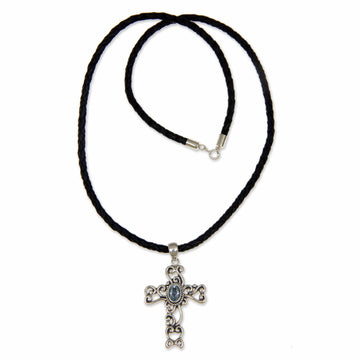 Indonesian Sterling Silver and Blue Topaz Necklace - Balinese Cross