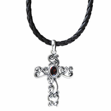 Sterling Silver and Garnet Religious Necklace - Balinese Cross