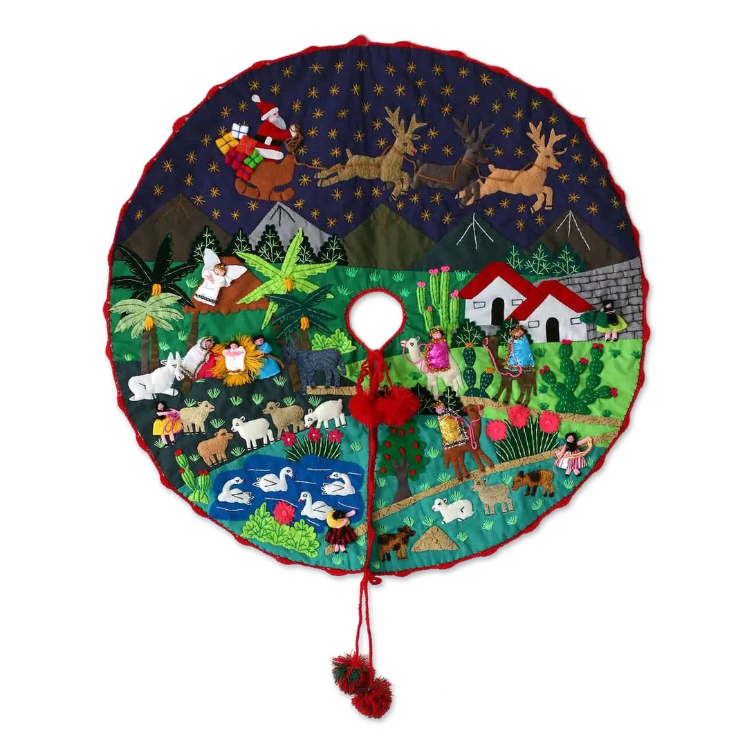 Peruvian Folk Art Cotton Christmas Scene Tree Skirt - Nativity Scene