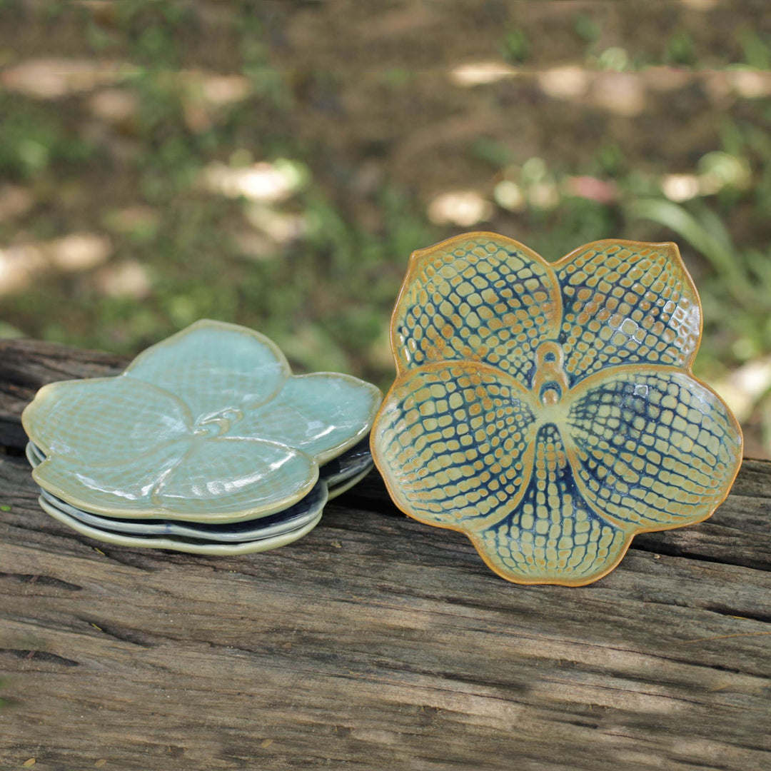 Celadon Ceramic Dessert Plates (Set of 4) - Orchids