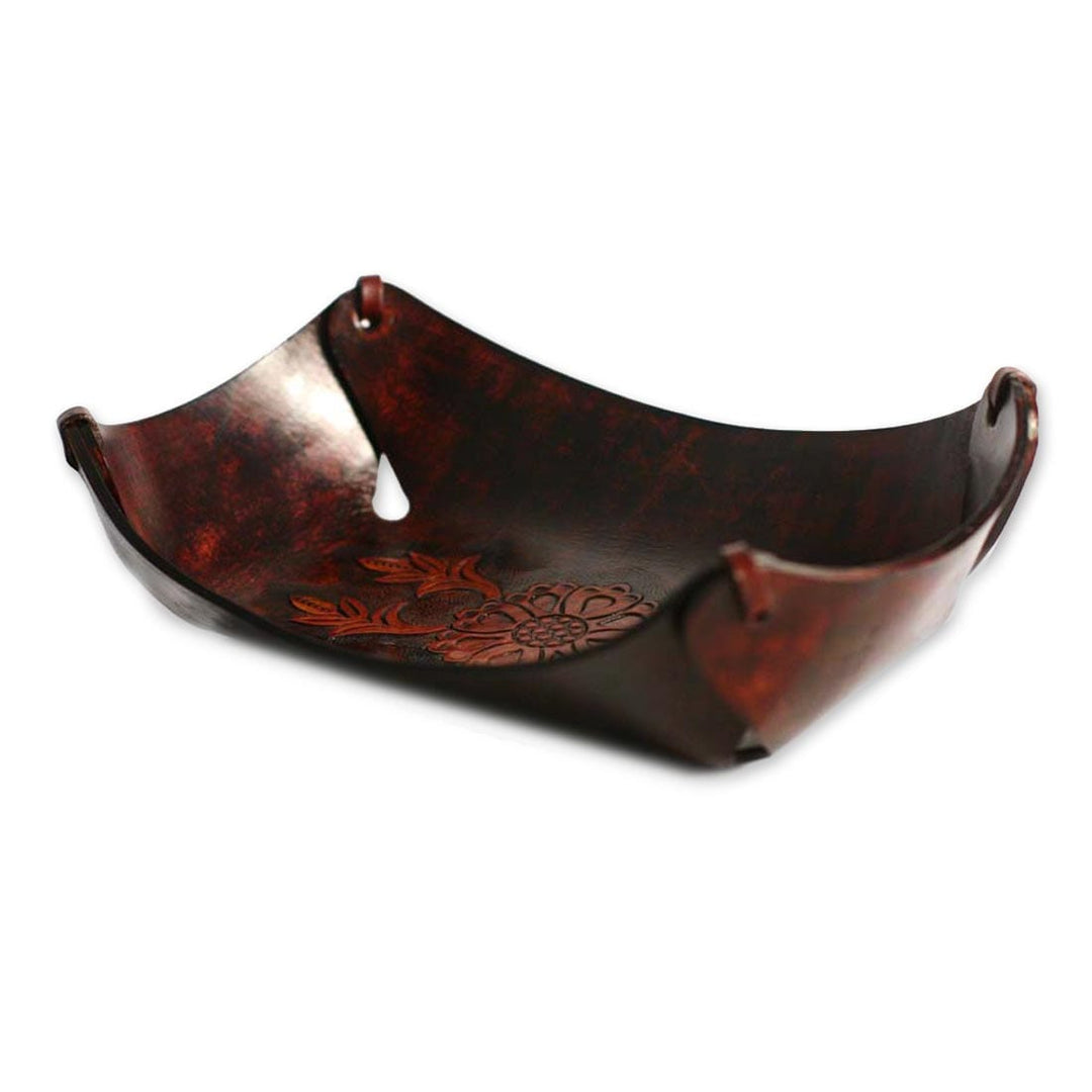 Rectangular Hand Crafted Leather Brown Floral Catchall - Sunflower Garland