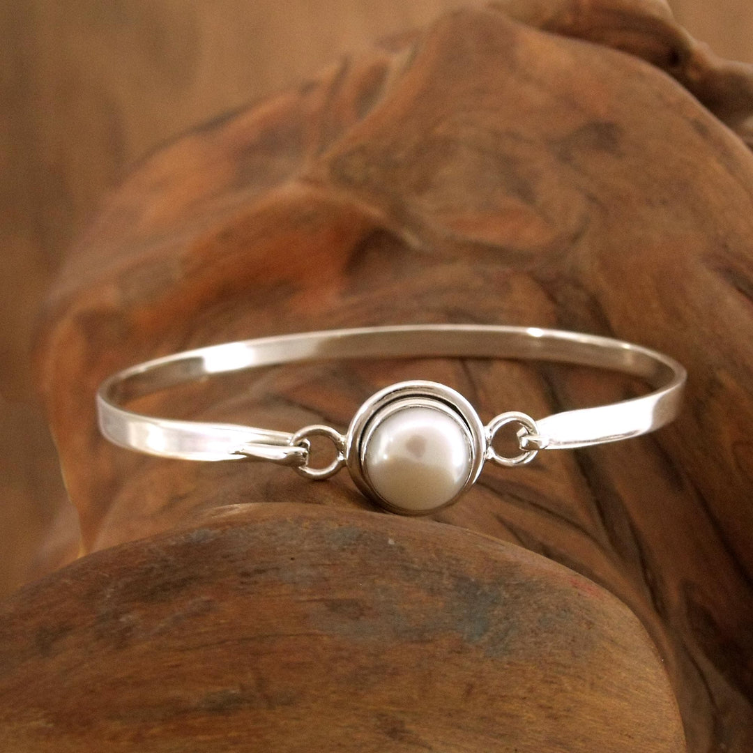 Handcrafted Indian Sterling Silver Bangle Pearl Bracelet - Aesthetic Moon