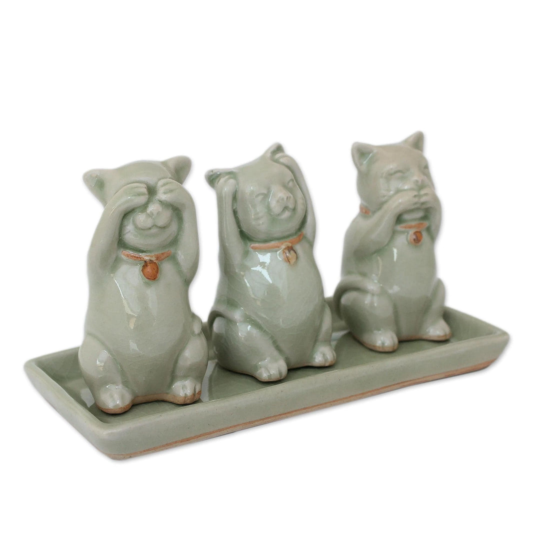 Celadon Ceramic Sculptures (Set of 3) - Cats Shun Evil