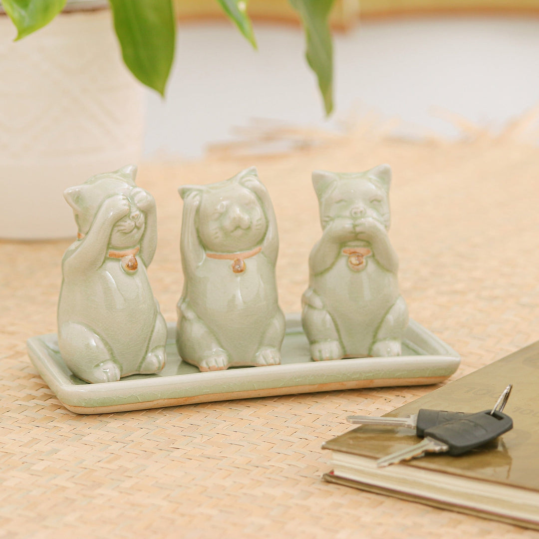 Celadon Ceramic Sculptures (Set of 3) - Cats Shun Evil