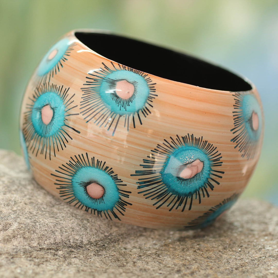 Handmade Floral Wood Bangle Bracelet - Blue Anemone