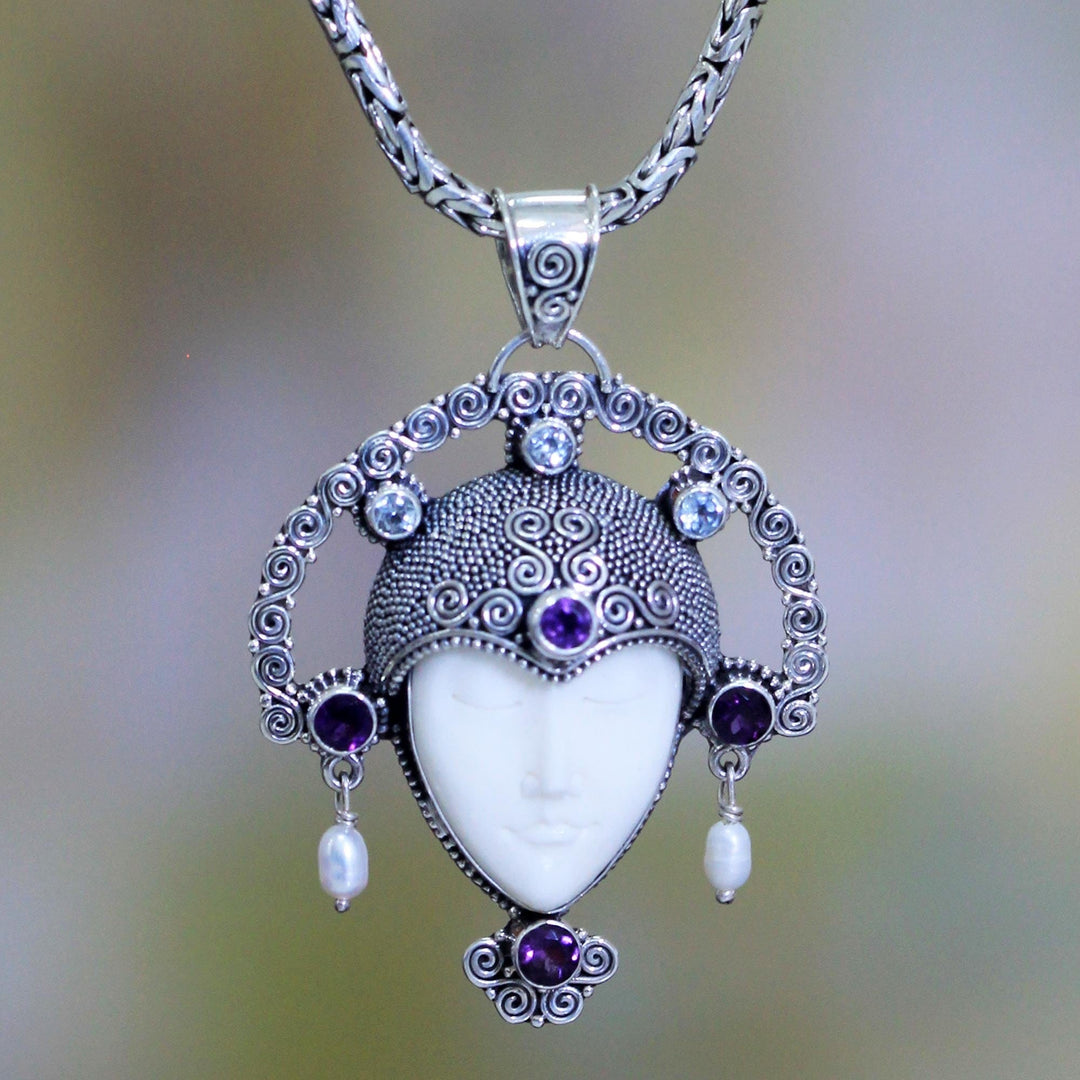 Amethyst and Cow Bone Pendant Necklace - Queen of Java