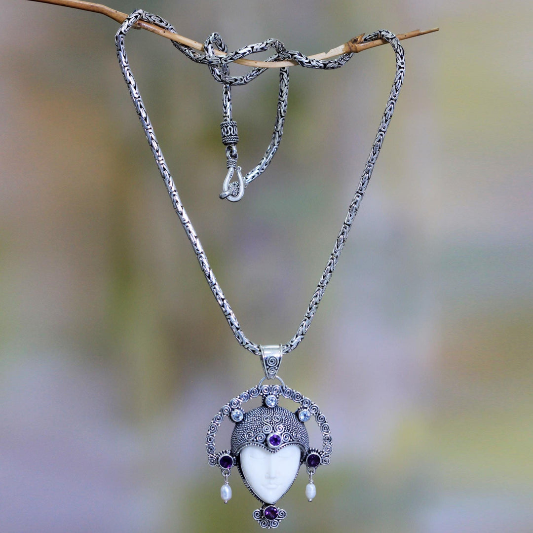 Amethyst and Cow Bone Pendant Necklace - Queen of Java