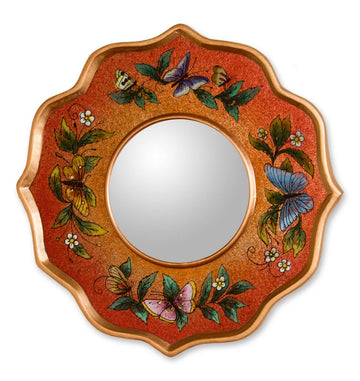 Collectible Reverse Painted Glass Butterfly Wall Mirror - Carnelian Butterfly Sky