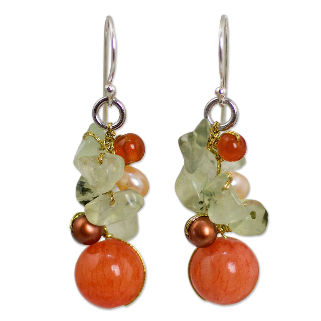 Handcrafted Pearl Carnelian Prehnite Cluster Earrings - Spicy Peach