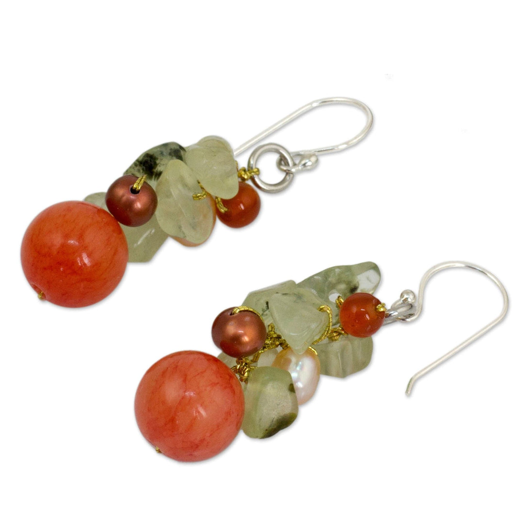 Handcrafted Pearl Carnelian Prehnite Cluster Earrings - Spicy Peach