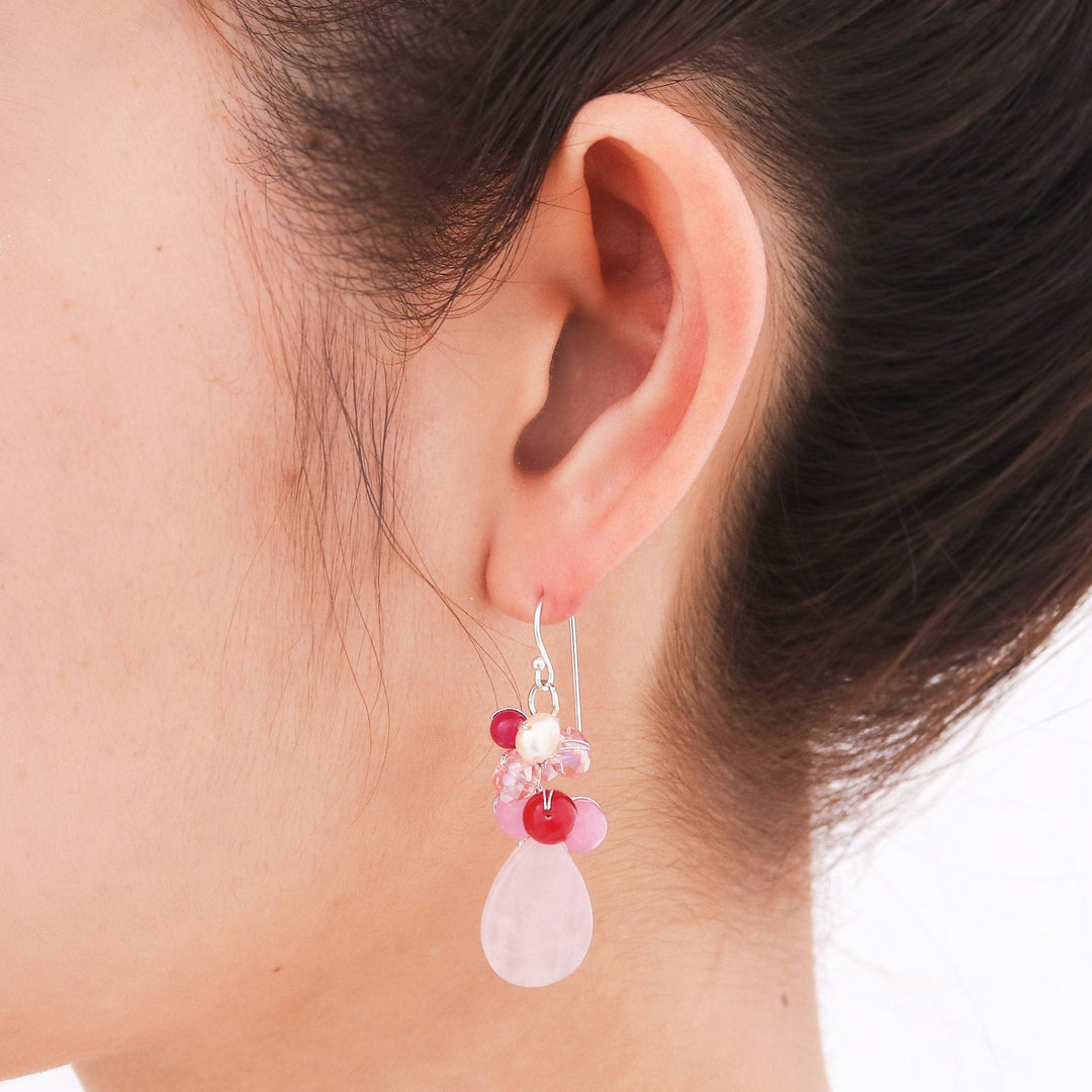 Handcrafted Thai Quartz Cluster Earrings - Pink Rose
