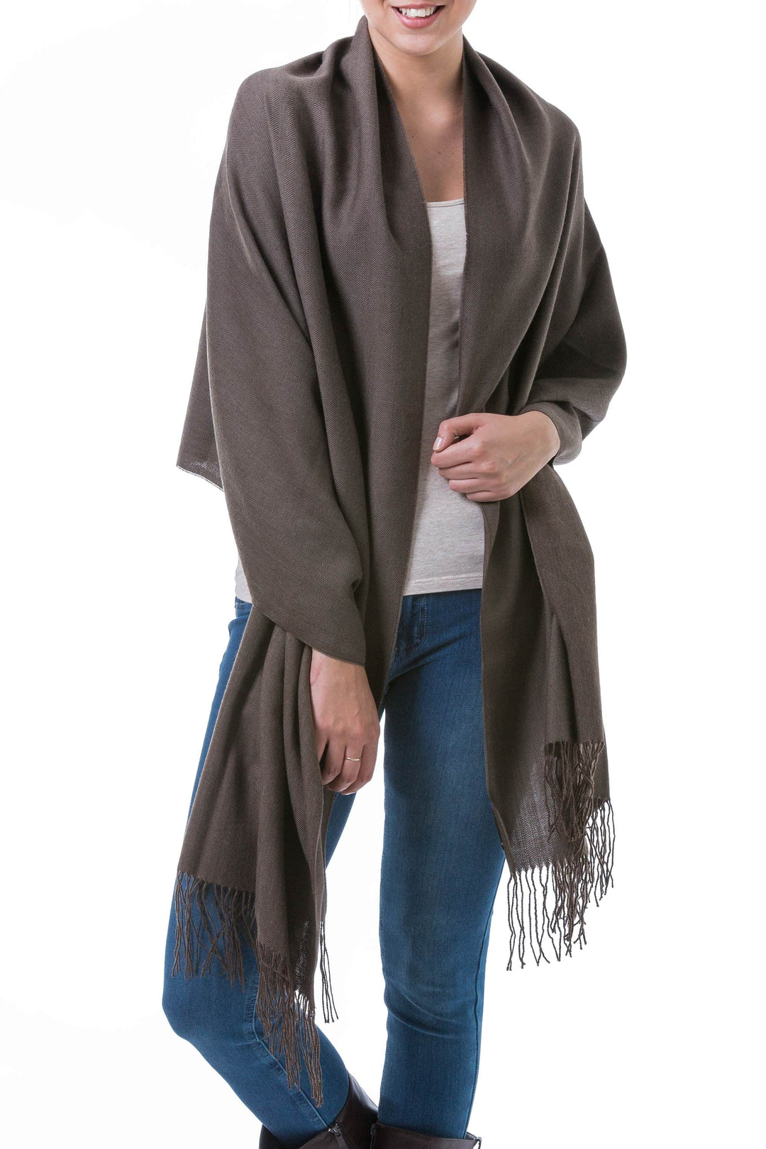 Handwoven Alpaca Blend Shawl - Herringbone Brown