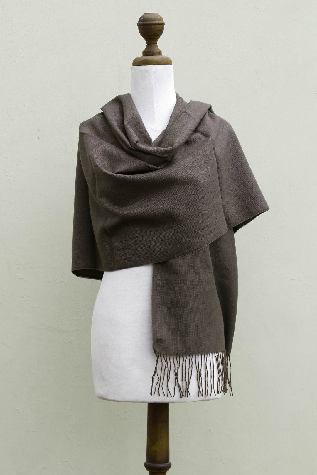 Handwoven Alpaca Blend Shawl - Herringbone Brown