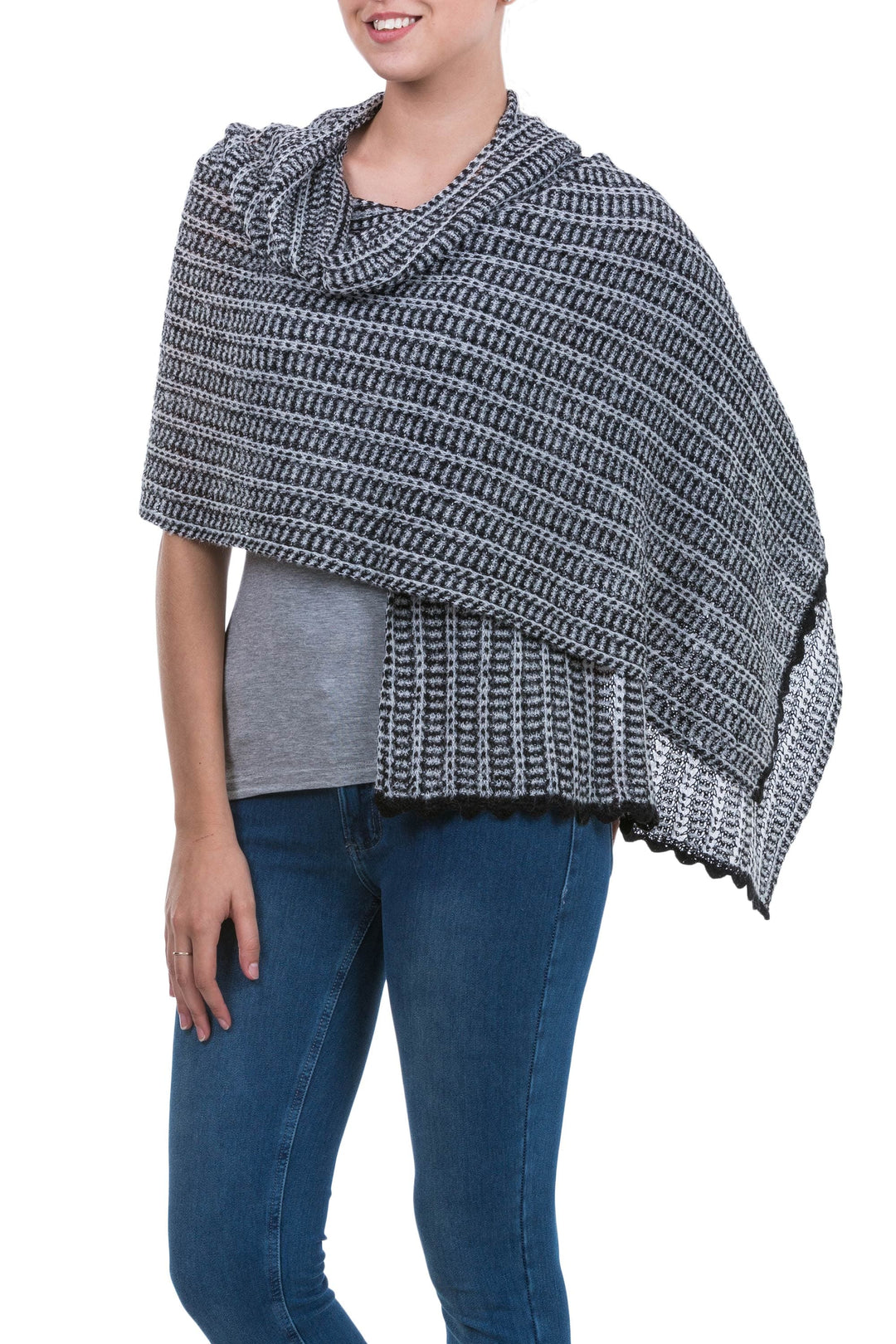 White Black Alpaca Blend Shawl Wrap from Peru - White Lima