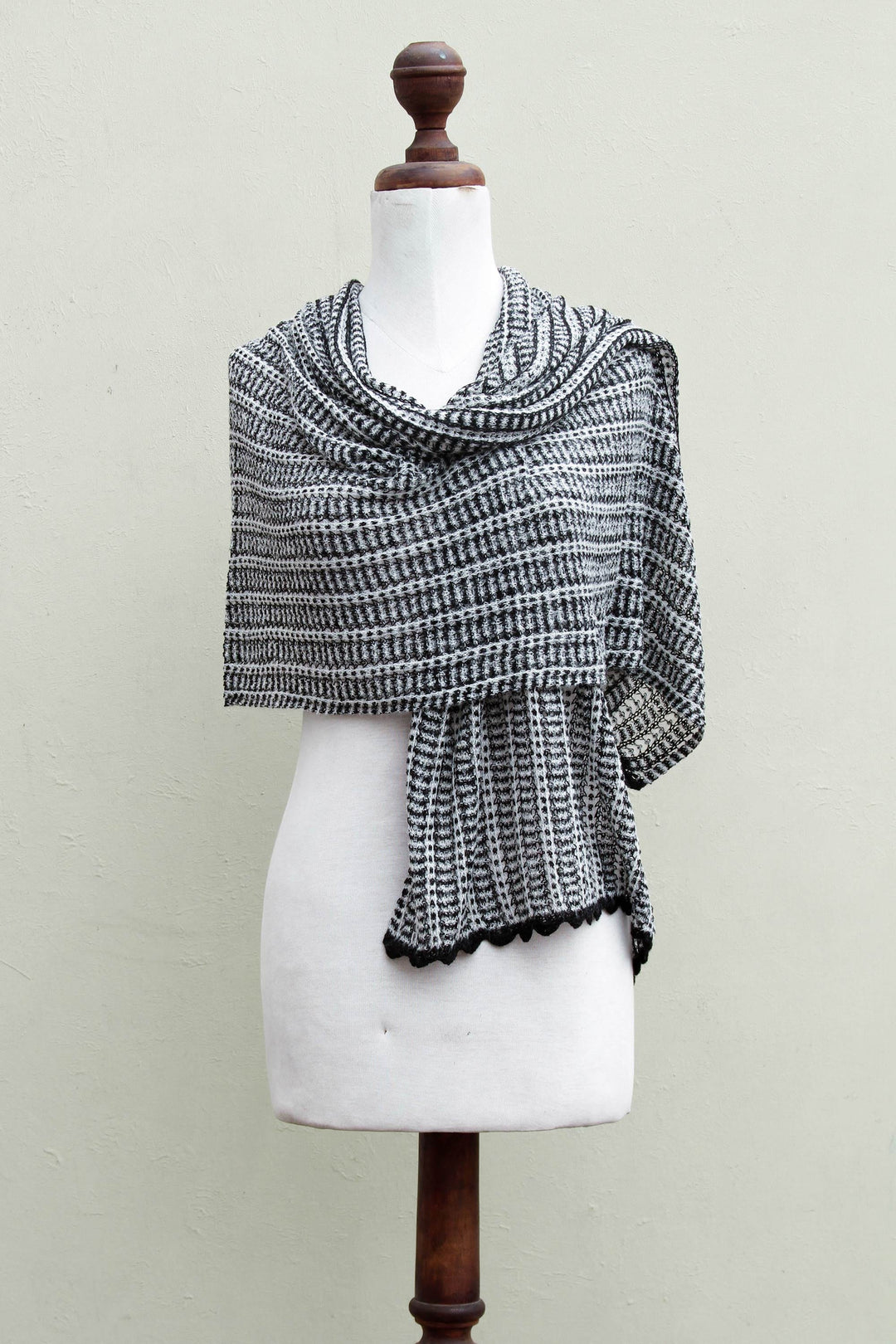 White Black Alpaca Blend Shawl Wrap from Peru - White Lima