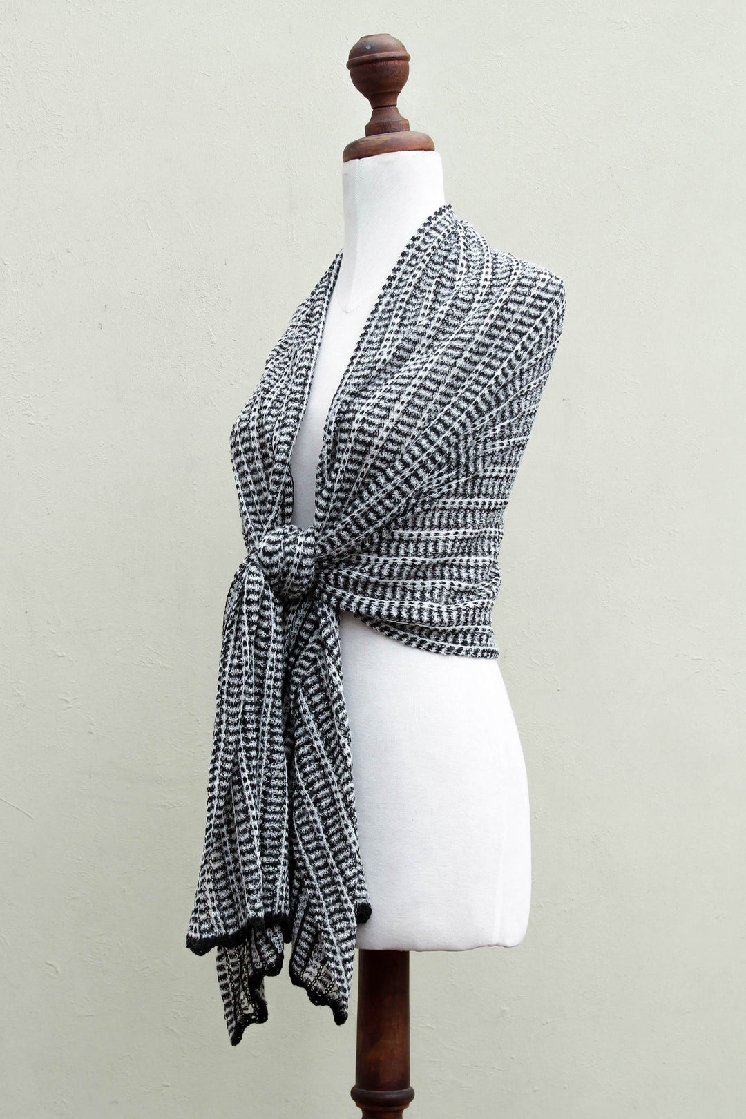 White Black Alpaca Blend Shawl Wrap from Peru - White Lima