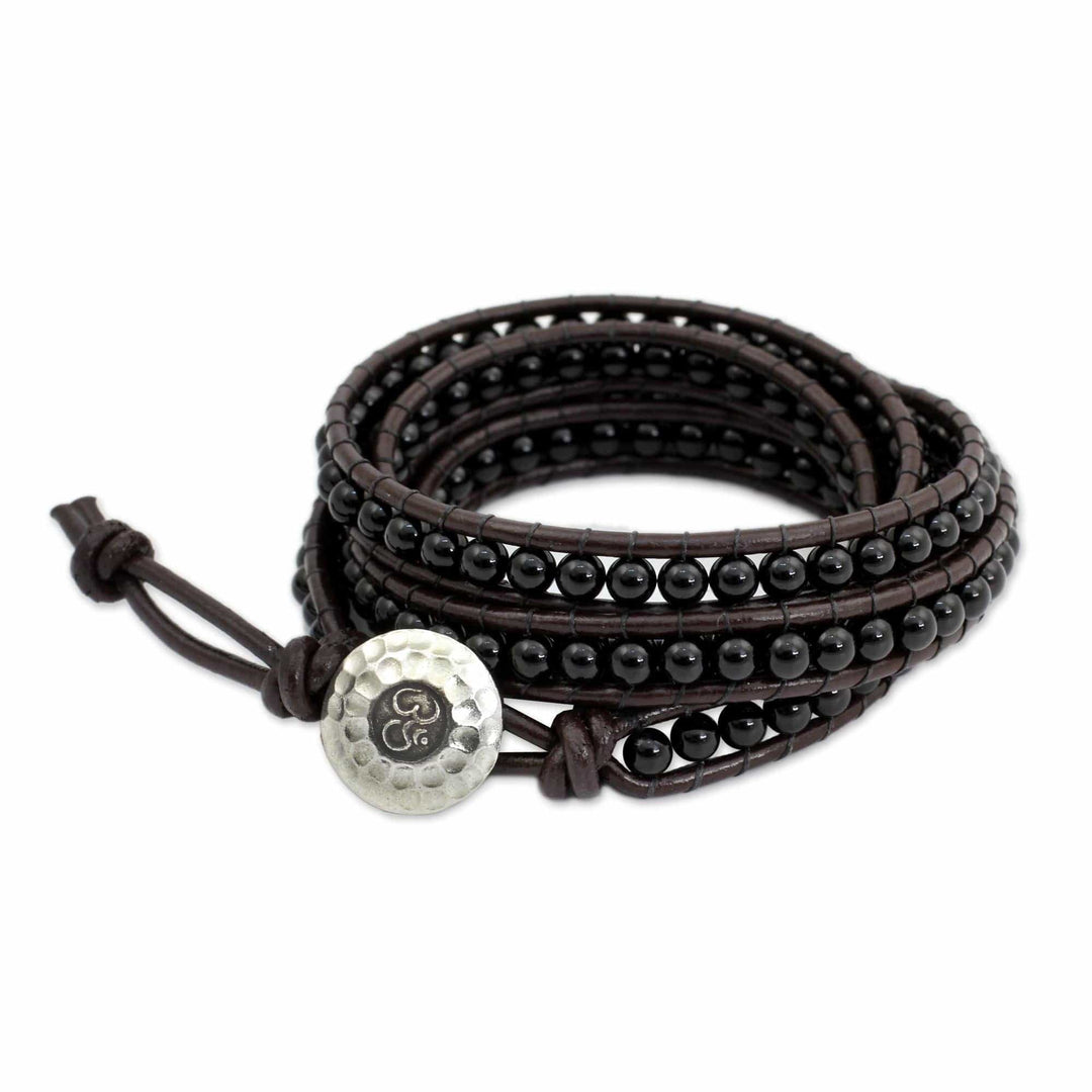 Hand Knotted Onyx and Leather Wrap Bracelet from Thailand - Black Sun